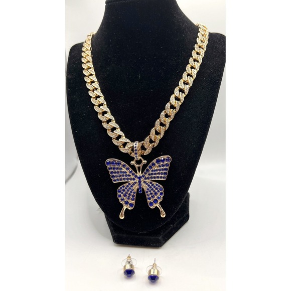 Jennifer & Co Gold NWT Chunky Rhinestone Chain Necklace Blue Butterfly Pendant - Picture 5 of 11